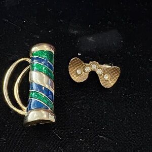 Blue & Green Enamel and Gold Tone Vintage Brooches